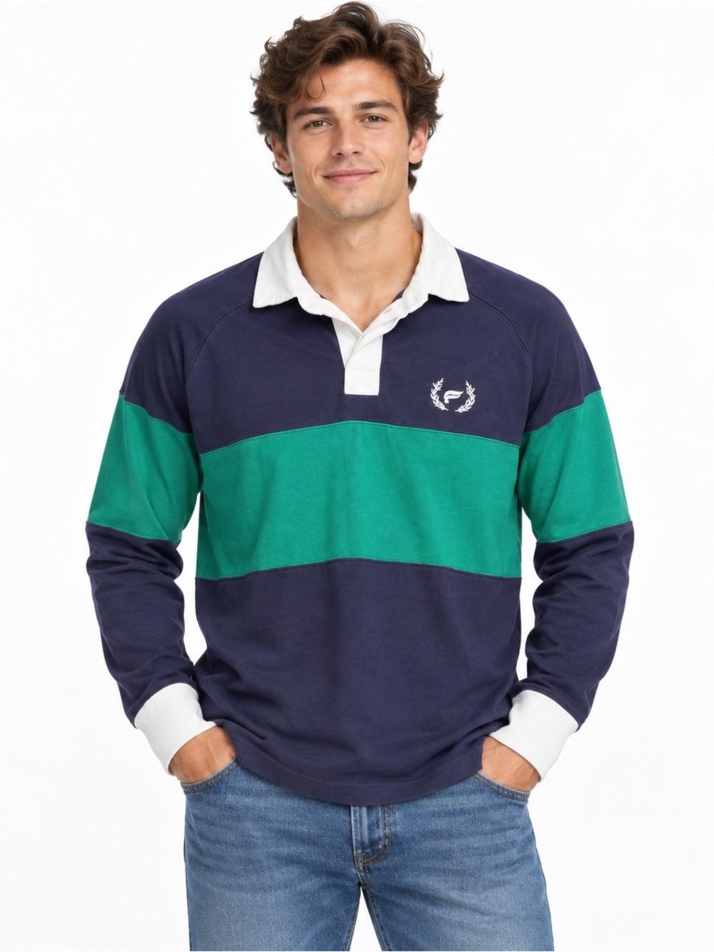Fabletics Men’s Navy Green Colorblock Long Sleeve Rugby Polo Shirt